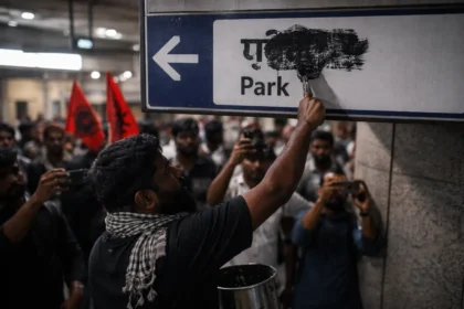 When Black Paint Becomes Resistance:  May 17 Movement Members Strike Chennai Metro Over Hindi Imposition