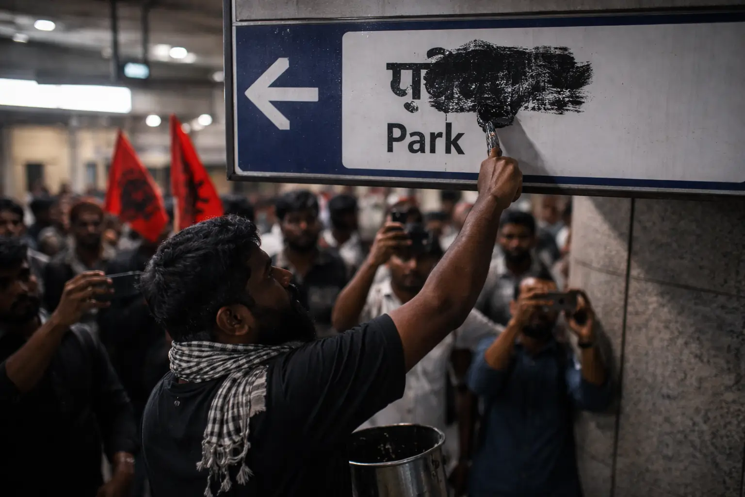 When Black Paint Becomes Resistance:  May 17 Movement Members Strike Chennai Metro Over Hindi Imposition
