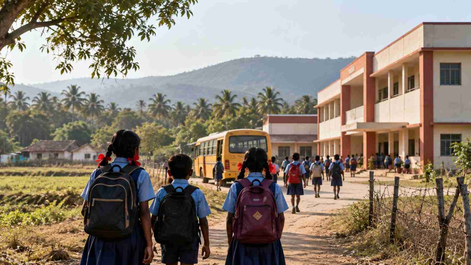 Karnataka School Expansion Raises Concerns Over Rural Access 1 Morning School Walk in the Countryside compressed