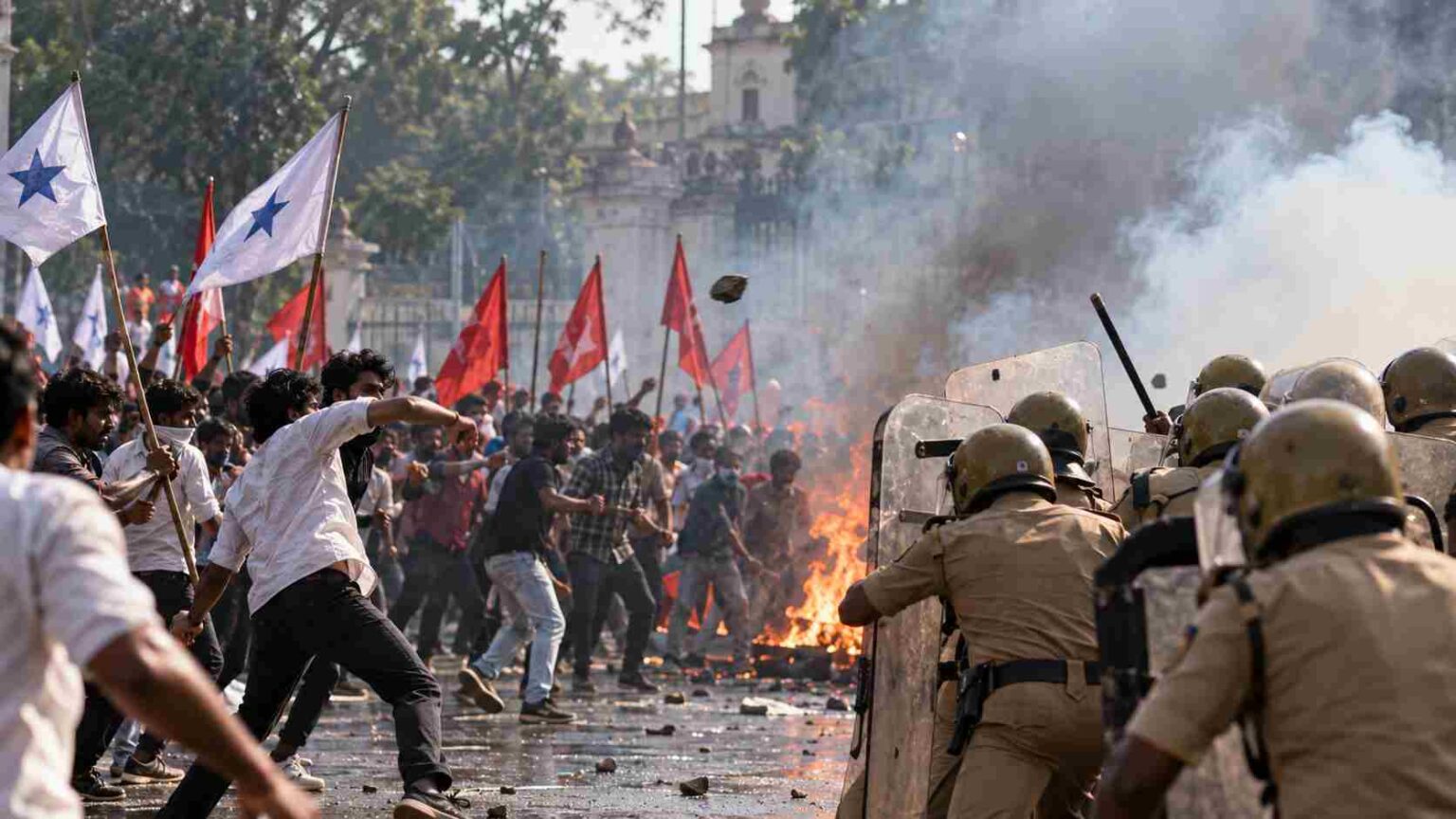 WHEN TRUST IN ELECTION IS LOST, THE STREET BURNS: VIOLENT FIGHT IN KERALA UNCOVERS INDIA’S RISING CRISIS OF POLITICAL TRUST 1 Smoky Clash Between Protesters and Police compressed